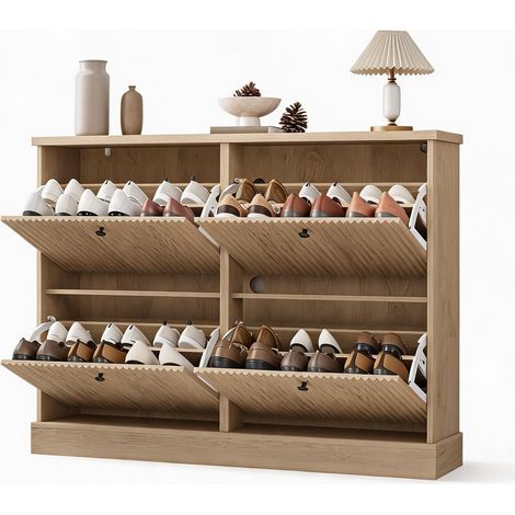 Meuble à chaussures étroit gain de place – 4 tiroirs basculants, bois cannelé, étagères réglables, rangement chaussures dissimulé sur pied, entrée/couloir – Couleur : Chêne naturel (1/5)