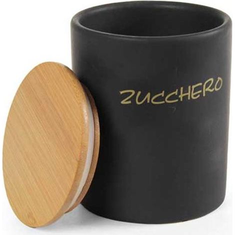 BARATTOLO PER ZUCCHERO TONDO 10X13 CM CON TAPPO ERMETICO IN LEGNO COLORE NERO