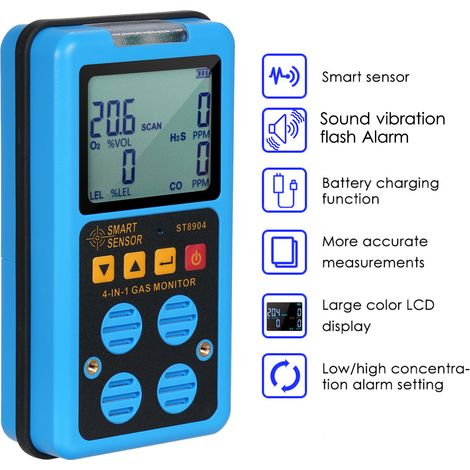 Eosnow SMART SENSOR Monitor de gas 4 en 1 Detector portátil recargable H₂S O₂ CO y LEL Rastreador multiprofesional con pantalla LCD Sonido Vibración Flash Modo de alarma (1/5)
