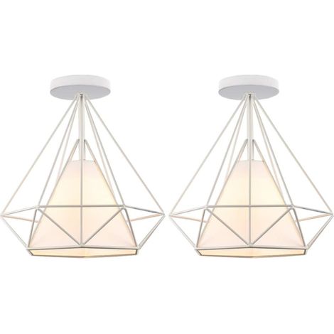 2 Stücke Deckenleuchte Industrielle Retro Deckenlampe aus Eisen Lampenschirm in Diamant Käfig E27 für Flur Küche Wohnzimmer Schlafzimmer (Weiß)