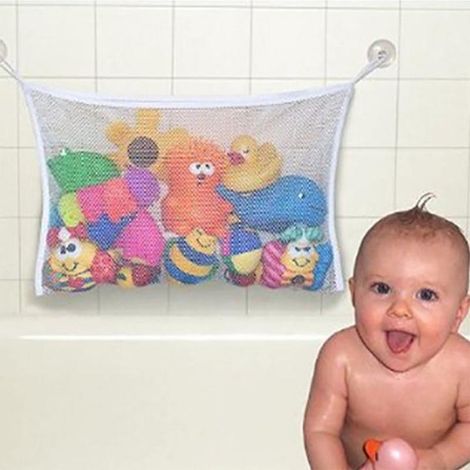 Sac de rangement pour salle de bain 2 pièces, filet à jouets de bain avec crochets adhésifs robustes, fixation murale sans perçage, organisateur suspendu pour jouets d'enfants. (1/5)