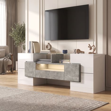 Meuble TV Lowboard 145cm avec Éclairage LED Multicolore et Rangement Panneau de Particules Design Moderne Blanc Brillant et Béton (1/5)