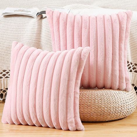 Set di 2 fodere per cuscini in pelliccia sintetica, morbide fodere decorative a righe per divano o camera da letto, rosa, 45 x 45 cm