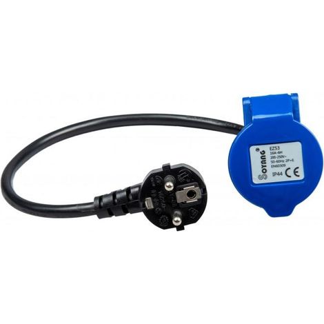 Adaptateur femelle pour brancher une rallonge P17 sur une prise 230 V standard.