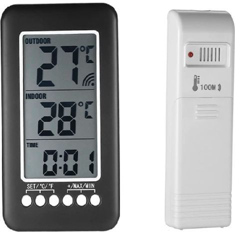 Thermomètre sans fil intérieur/extérieur, horloge 2 en 1, thermomètre LCD °C/°F, thermomètre numérique intérieur/extérieur, horloge, mesure de température avec émetteur (1/5)