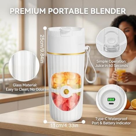 Mixeur portable, 400 ml petit presse-agrumes, 65 W, machine à smoothie rechargeable par USB, mixeur de jus frais avec 10 lames en acier inoxydable, mini blender pour shakes, jus, smoothies (blanc) (1/4)