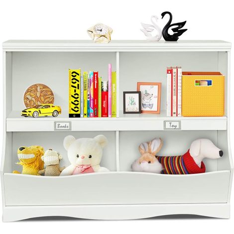 GOPLUS Bibliothèque 4 Cubes pour Enfants, étagère de Rangement,Dispositif Anti-basculement,pour Salon/Chambre d'enfant,Blanc (1/5)