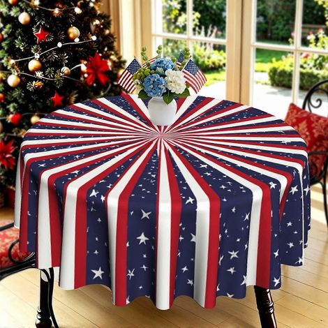 Nappe ronde imprimée en 2D à rayures étoilées rouges, blanches et bleues (1 pièce), idéale pour décorer une table lors de fêtes de famille ou de réceptions dans le jardin. (1/4)