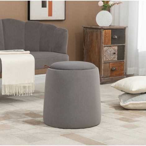Pouf coffre rond 2 en 1 gris foncé en polyester avec couvercle réversible (1/5)