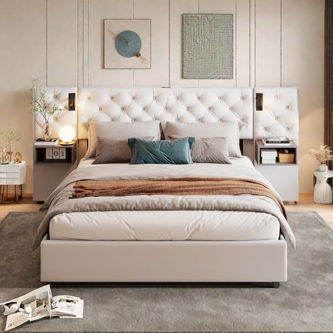 Lit double 140x200cm, lit coffre avec liseuse et usb, cadre de lit avec rangement et sommier à lattes, beige velours lit rembourré (1/5)
