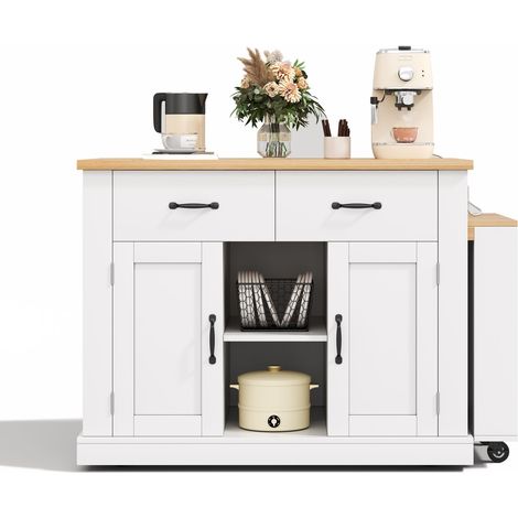 ELVMI Carrello da Cucina 2 Ante 2 Cassetti con Tavolo Estensibile, USB e Ruote, MDF Bianco Rovere, 132 x 70 x 90 cm (1/5)