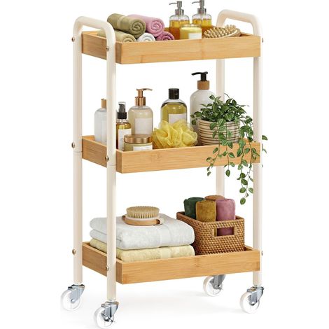 Chariot de rangement à roulettes étagère de cuisine 27,5 x 41,3 x 73 cm pratique style rustique en acier beige (1/2)