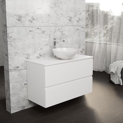 Inda - Badezimmerschrank B.100 mit Aufsatzwaschbecken / Mattweiß 2 Schubladen - Rubin (1/5)