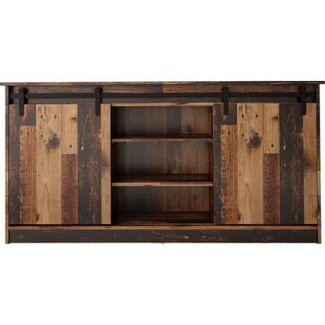 Commode de rangement Meuble universel couleur vieux bois 160x81x35cm GRANGE porte coulissante (1/5)