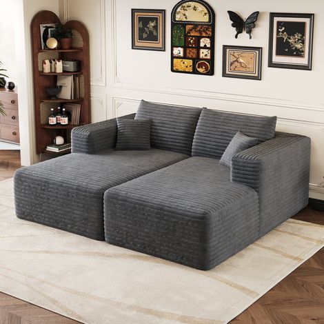 Canapé d’angle convertible 2 places, canapé en L compact en velours côtelé effet cloud avec méridienne sans montage Gris foncé, 180 x 151 x 58 cm (1/5)