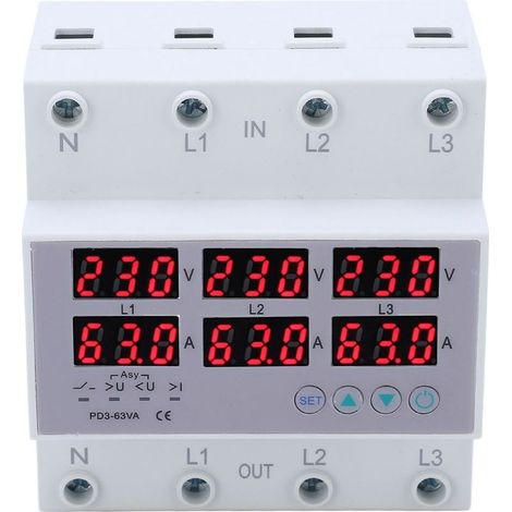 Voltmètre à Rail DIN triphasé, ampèremètre, protecteur automatique de surtension et de surintensité, AC 390 à 500V, 63A (1/5)