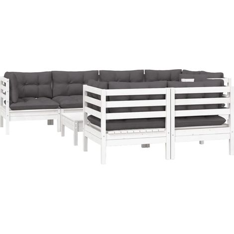 vidaXL Set Divani da Giardino 8 pz con Cuscini Bianchi Legno di Pino (1/4)