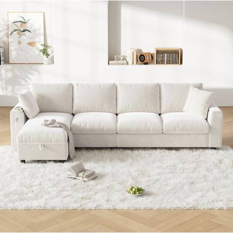 Divano angolare 280/137/84 cm in ciniglia beige con funzione letto, tavolino ribaltabile e contenitore (1/5)