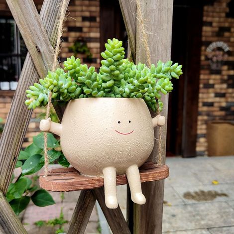 Maceta colgante de resina con cuerda y función de balanceo para plantas/suculentas. (1/5)