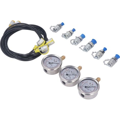 Hydraulik-Druckprüfset, 3 Manometer, 6 Anschlüsse, 3 Schläuche, tragbarer Koffer für Industrieanlagen (1/5)