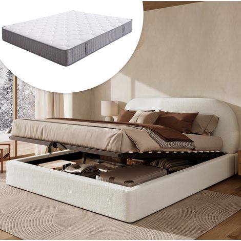 Cama doble tapizada bouclé beige 180x200 cm con cabecero, somier de láminas, arcón hidráulico y colchón incluido