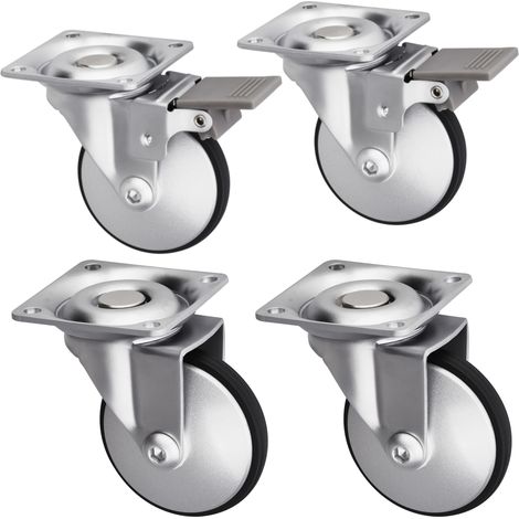 SOTECH Möbelrolle LINDAU - silbergrau - mit Montageplatte - 50 mm Durchmesser - 30 kg Tragkraft pro Rolle - mit und ohne Bremse - 4er Set