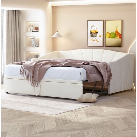 lit adulte gigogne rangement 90x200 velours beige OKMYHOME (1/5)