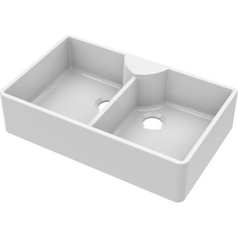 895mm - 2 Bowl Stepped Weir Butler Kitchen Sink - Tap Ledge, No Overflow, Tap Hole (1/4)