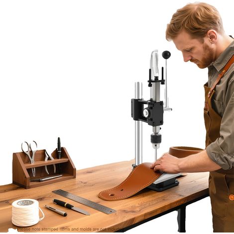 Máquina de estampado de cuero, hierro fundido, altura ajustable de 0 a 16 cm, presión de la máquina ≤160 kg, rango de sujeción del mandril de 1,5 a 13 mm, tamaño de la almohadilla de 13 x 15 x 1 cm. (1/5)