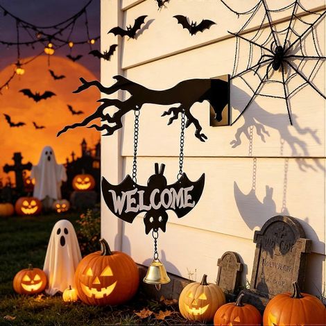 Panneau de bienvenue en métal avec balançoire fantôme chauve-souris pour Halloween, silhouette de cloche suspendue, décoration murale pour porche ou porte d'entrée. (1/5)