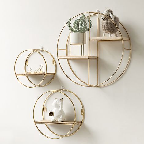 Gold Metal Round Wall Shelf Display Storage Rack, 37x10CM