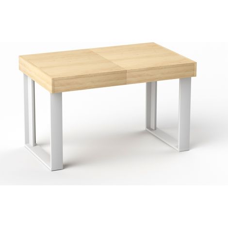 Mesa de comedor extensible 120-160 cm, aglomerado, estilo retro, natural y blanco, 8 personas (1/5)