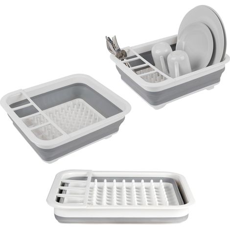 Escurreplatos plegable con soporte para utensilios: ideal para uso doméstico o de camping. Resistente al desgarro, diseño compacto, patas antideslizantes, color gris.
