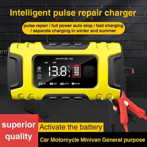 12V 24V 10A Gelbes 12V/24V 10A Batterieladegerät, 12V Auto-/Motorradbatterieladegerät, kompatibel mit Blei-Säure-Batterien (1/4)