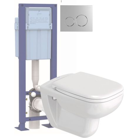 Pack WC suspendu sans bride DURAVIT D-code avec abattant frein de chute synthétique + bati support SIAMP + Plaque chromée