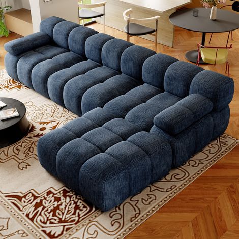 Canapé d’angle en L bleu 300 x 200 cm, tissu chenille et mousse haute élasticité OKWISH (1/5)