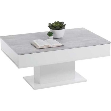Table basse bicolore avec plateau coulissant - Décor gris béton LA et blanc brillant - L100 x H46,1 x P65 cm - Fabriqué en Al