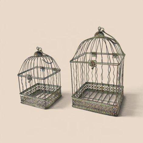 Ensemble 2 cages carrées suspendues vert patiné 18x18x40cm (1/4)