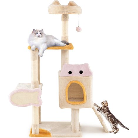 Tiragraffi per gatti con tiragraffi a forma di pesce, pali in sisal, grotta in peluche