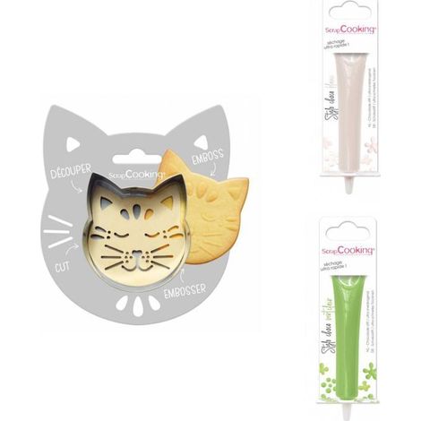 Kit pour biscuit en relief Chat + 2 Stylos au chocolat blanc et vert