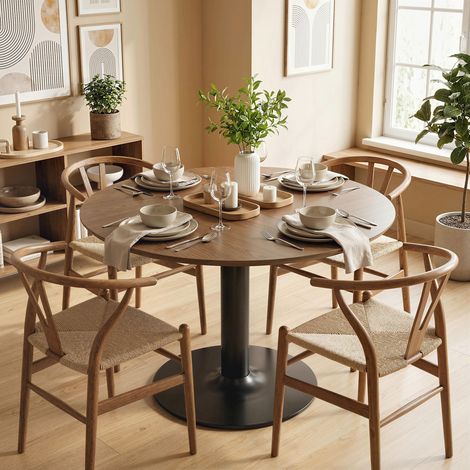Table à manger ronde pour 4-6 personnes. table de cuisine avec large plateau et base en acier. Ø 110 x 78 cm. marron (1/5)