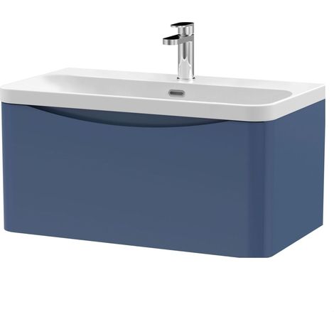 Balterley Dunwood Modern Bathroom Wall Hung 1 Drawer Vanity Unit & Ceramic Basin, Satin Blue, 800mm (1/4)