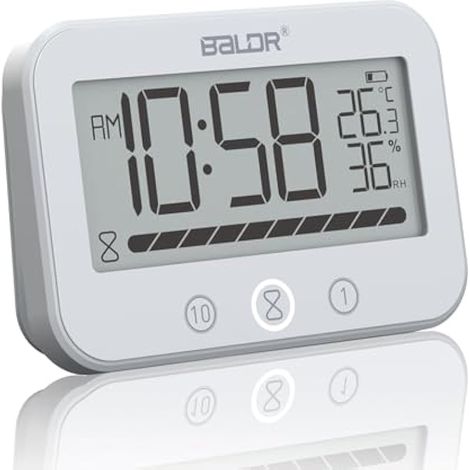 Horloge de salle de bain numérique, IP54 étanche avec température et humidité, minuteur 99 min avec alarme, grand écran LCD, 2 crochets adhésifs et 2 ventouses (1/5)