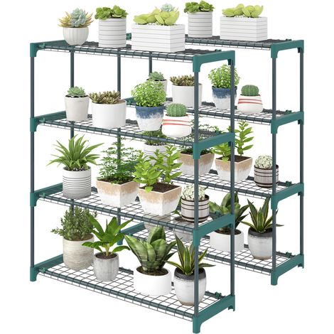 Set mit 2 4-stöckigen Pflanzenregalen aus Stahl mit Haken, 90 x 28 x 104 cm, Grün