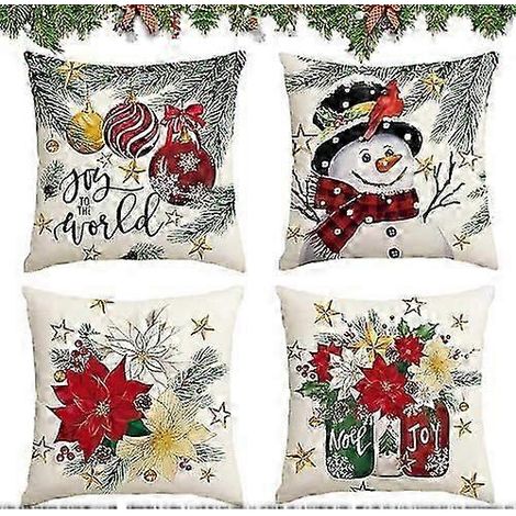 Lot de 4 housses de coussin de Noël, 50 x 50 cm, housses de coussin décoratives en lin, motifs de Noël. (1/5)