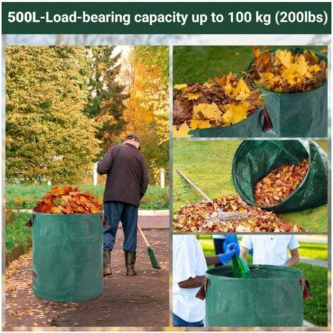 QORVA-Lot de 2 sacs de déchets de jardin robustes - Sacs de jardin réutilisables de 500 L avec poignées - Tissu industriel pour déchets de feuilles - Sacs de déchets de jardin imperméables, verts (1/3)