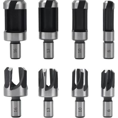8 Pièces Fraise à Bouchonner, Mèche à Bouchon 6 mm/10 mm/13 mm/16 mm, Acier Carbone, Perceuse pour le Travail du Bois, Forets à Bois à Griffe et Coniques (1/5)