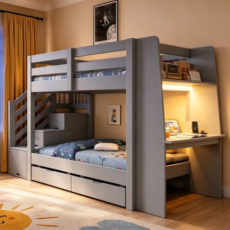 Lit superposé enfant 90x200 cm avec bureau et rangements, lit double gris avec escalier coffre, tiroirs, LED et prise électrique (1/5)