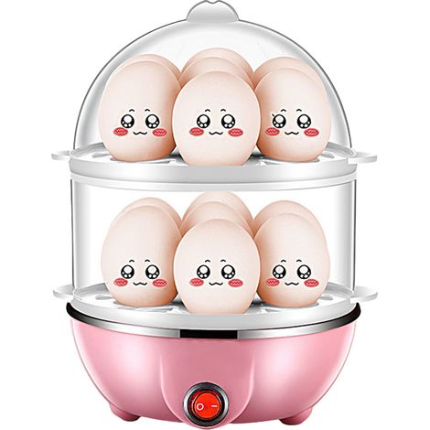Olla doble para huevos, con capacidad para 14 huevos, con protección contra ebullición en seco, incluye vaso medidor de 40 ml y tapa rosa transparente. (1/5)