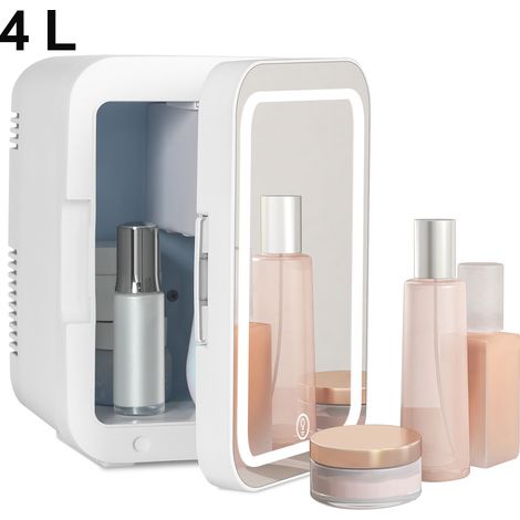 Puluomis – Mini réfrigérateur portable 4L avec miroir LED – Alimentation AC/DC 220V/12V – Plage de température 5°C à 60°C – Idéal pour cosmétiques et voyages